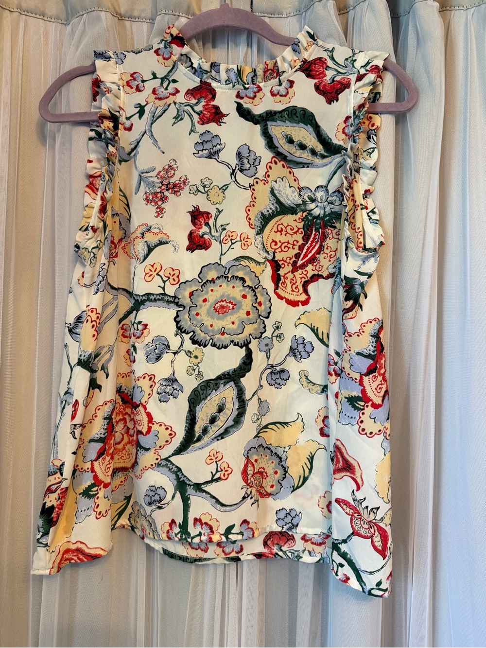 Paraphrase Floral Ruffle Sleeve Blouse in Cream, Red, Green
